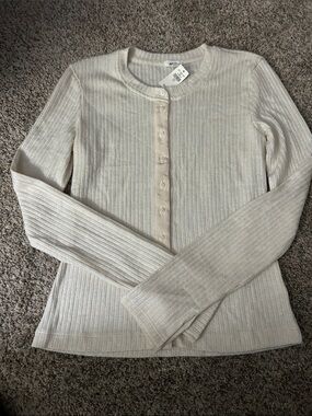 Aerie Beige Ribbed Button-Front Cardigan Sweater, Resting PTP 16